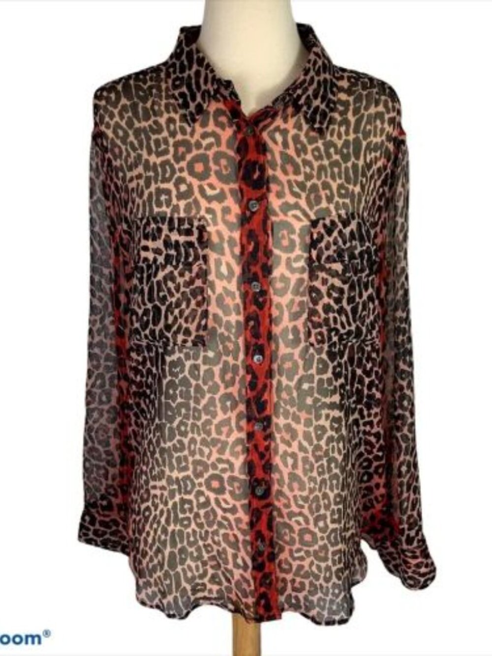 Equipment Red and Black Leopard Print Silk Sheer Button-Down Shirt